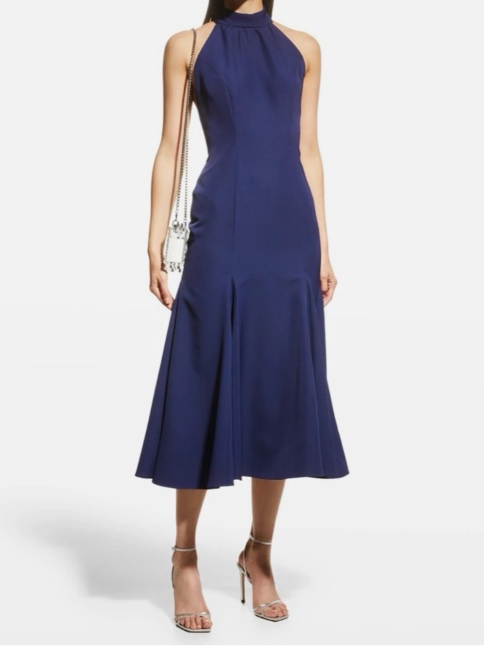 Milly Penelope High Neck Cady Sleeveless Navy Halter Midi Dress